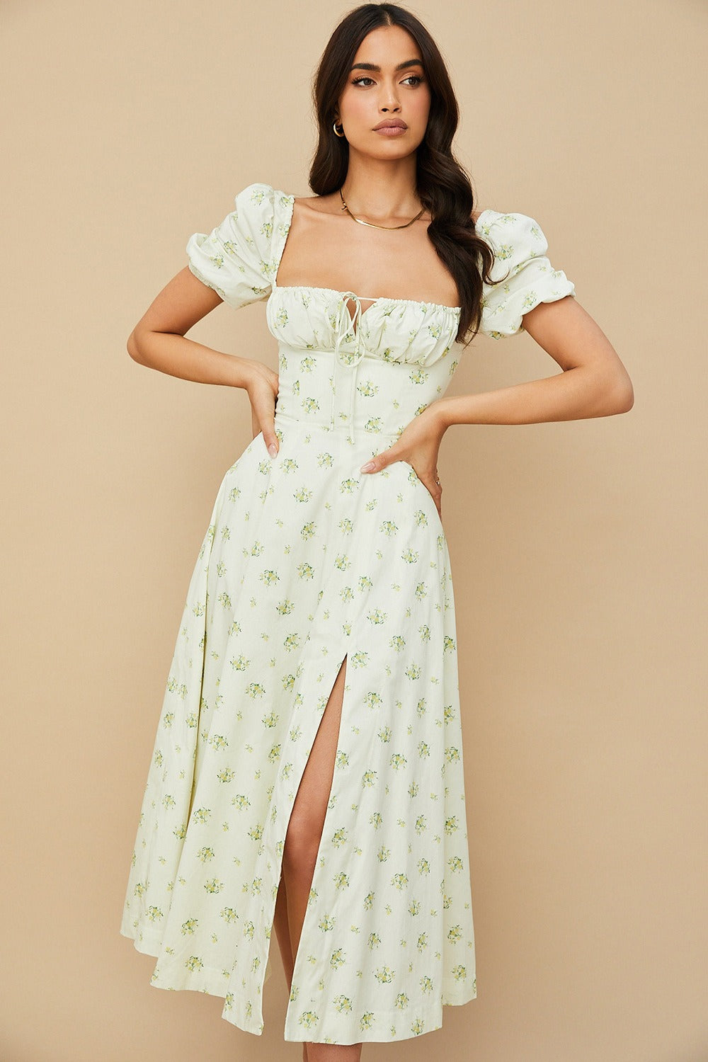 Puff Sleeve Wrap Slit Maxi Floral Dress