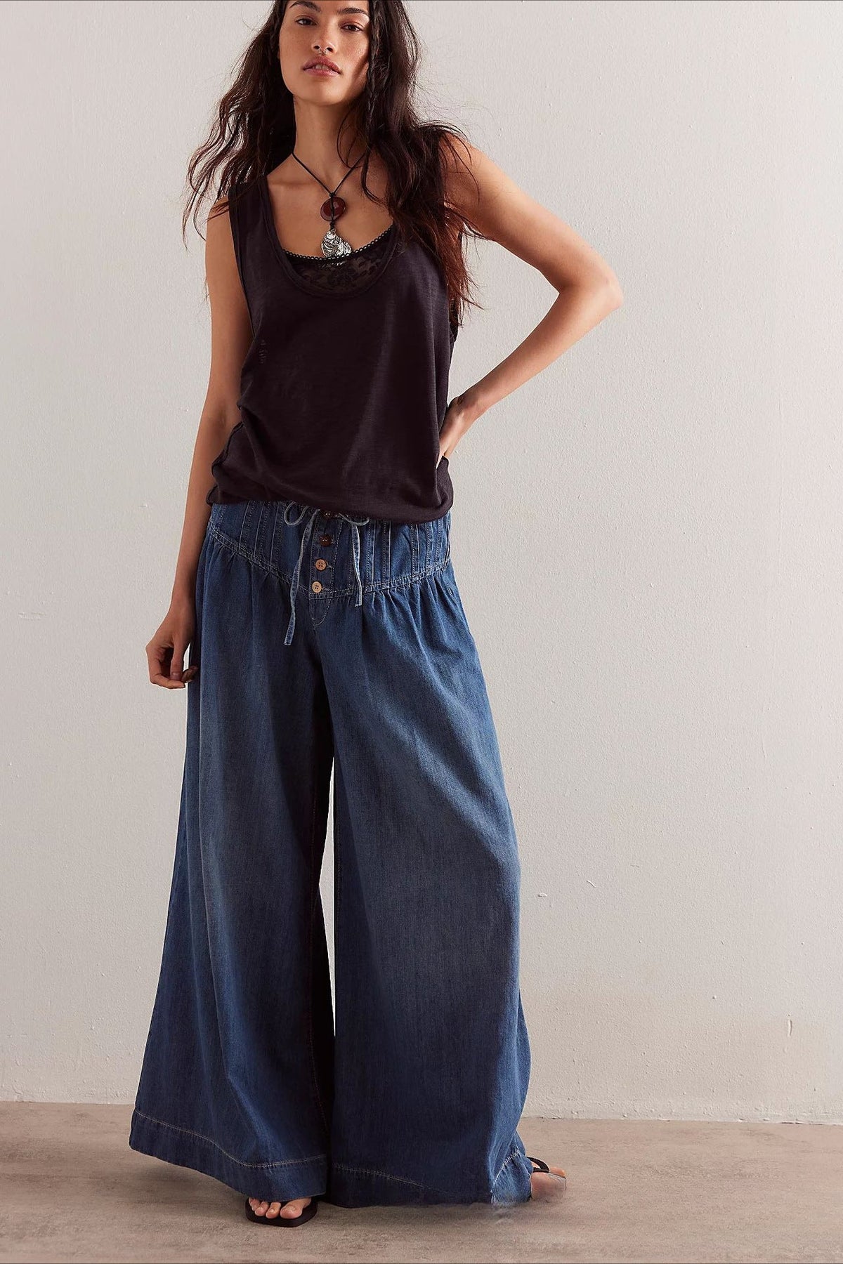 Ruched Mid-Rise Tie Waist Wide Leg Jean