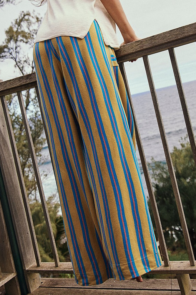 Beach Style Striped Drawstring Wide Leg Pants