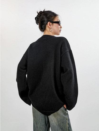 Ribbed Trim Oversized Button Zip Knit Cardigan