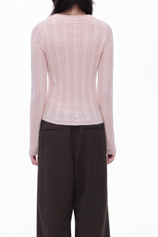 Openwork Wool Blend V-Neck Knit Top