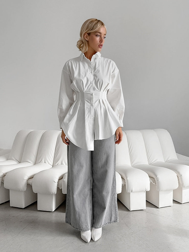 French Chic Long Sleeve Waist-Tied Blouse