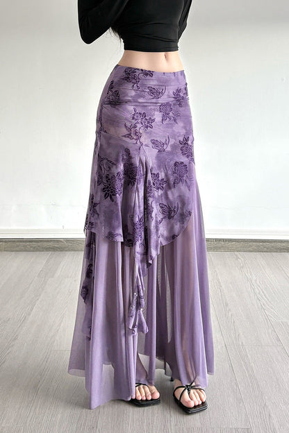 Vintage Floral Print Ruched Maxi Skirt