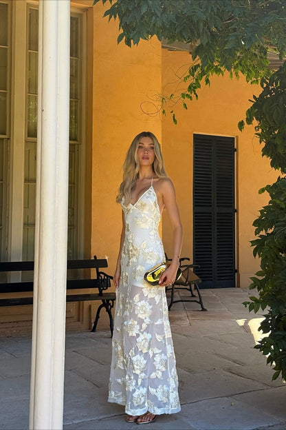 Floral Applique Halter Sheer Hem Maxi Dress