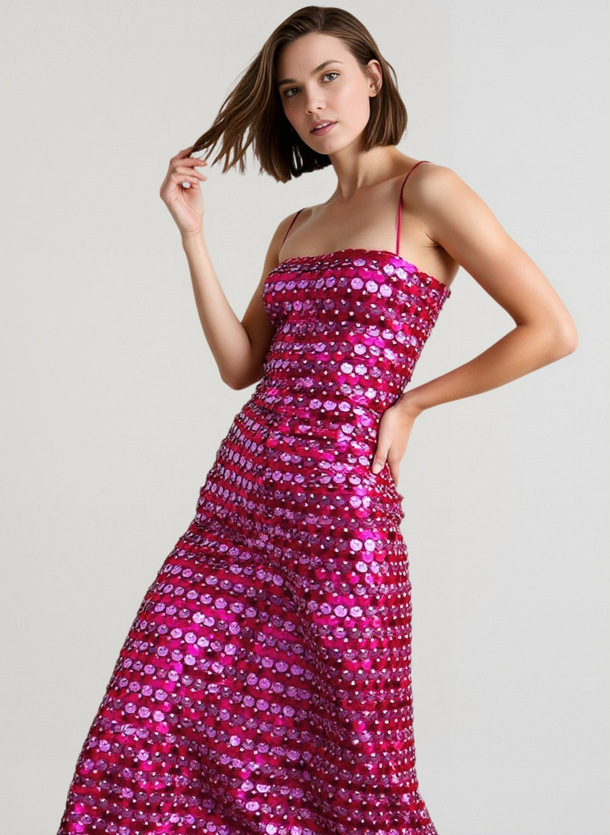 Square Neck Disc Sequin Spaghetti Strap Bodycon Midi Dress