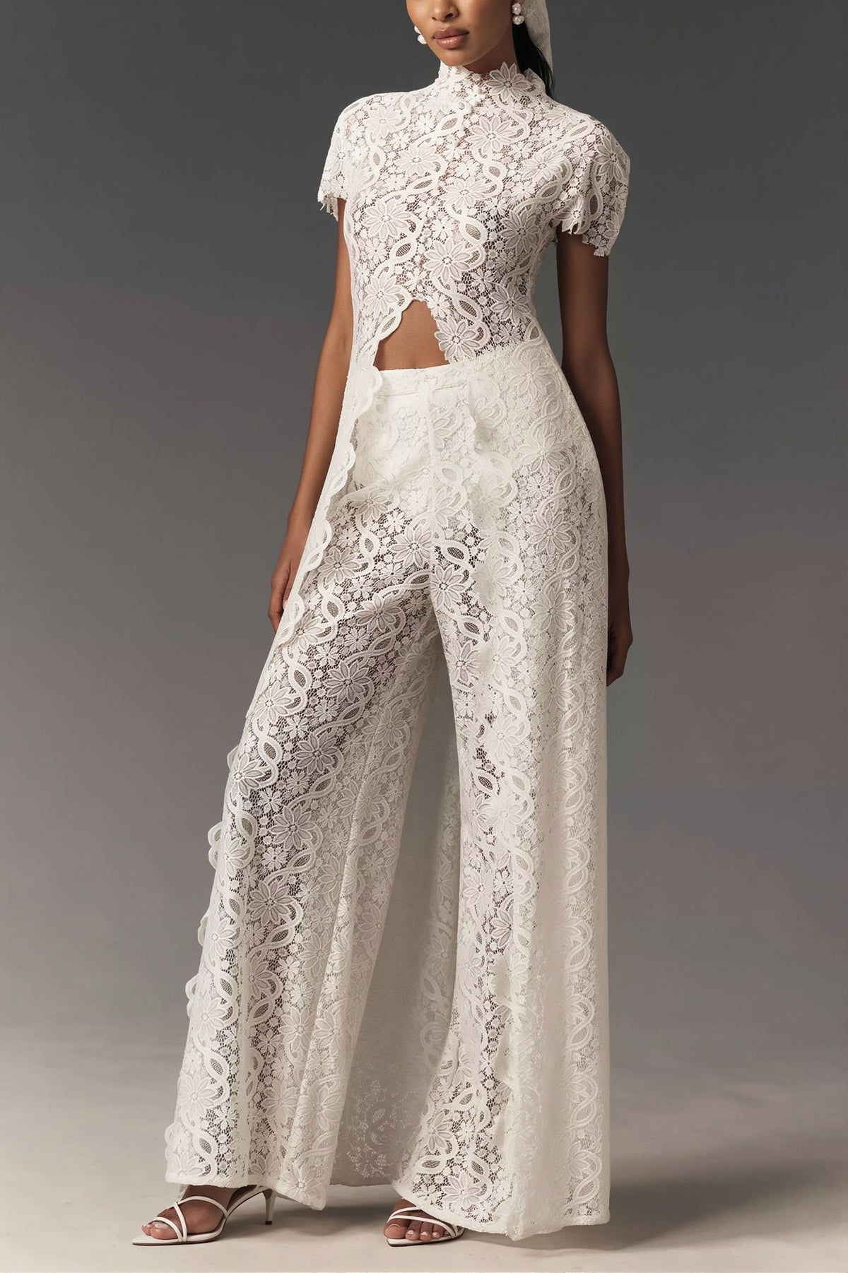 Lace Long Cape Cutout Pants Set