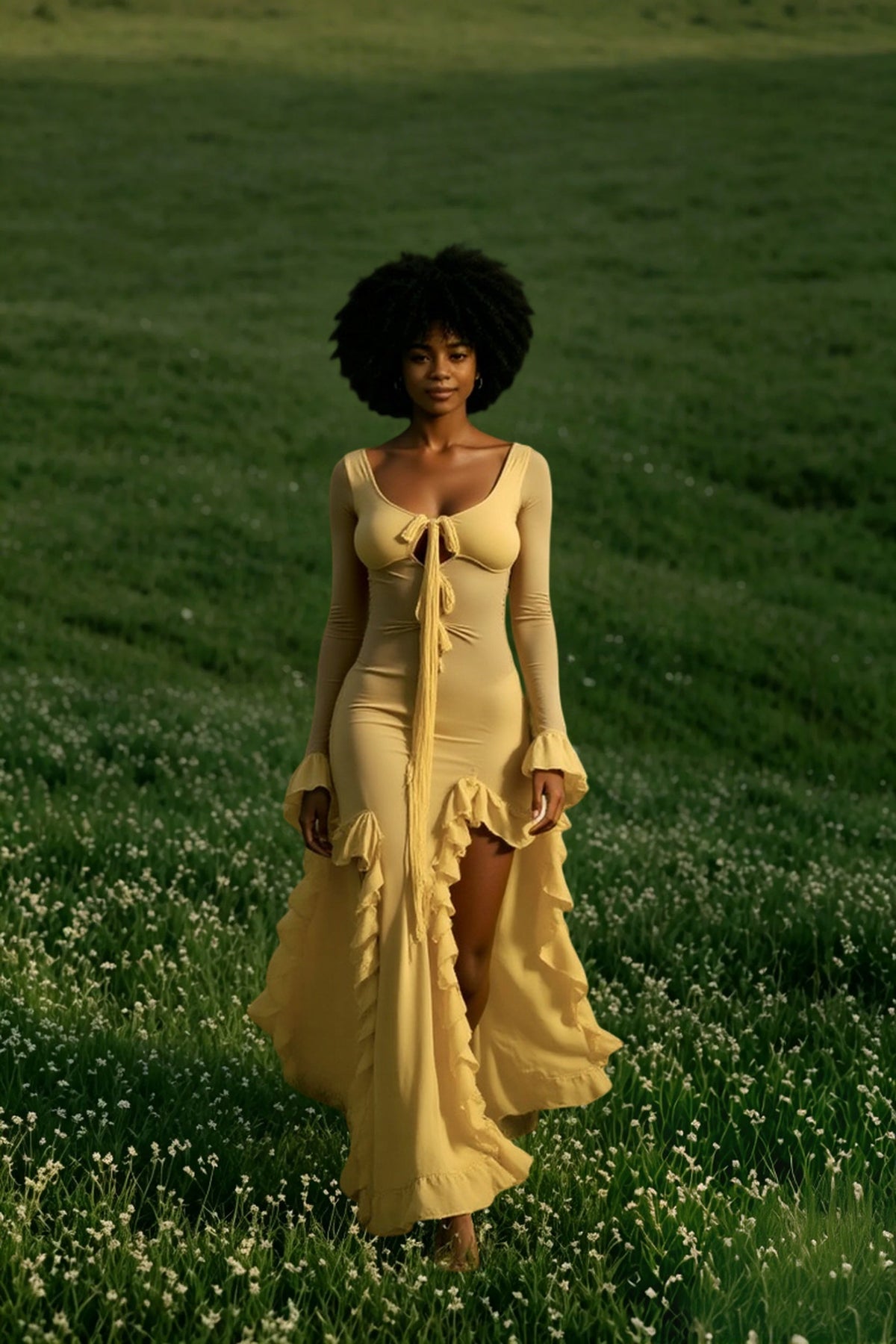 Scoop Neck Tie Front Bell Cuff Ruffle Slit Maxi Dress