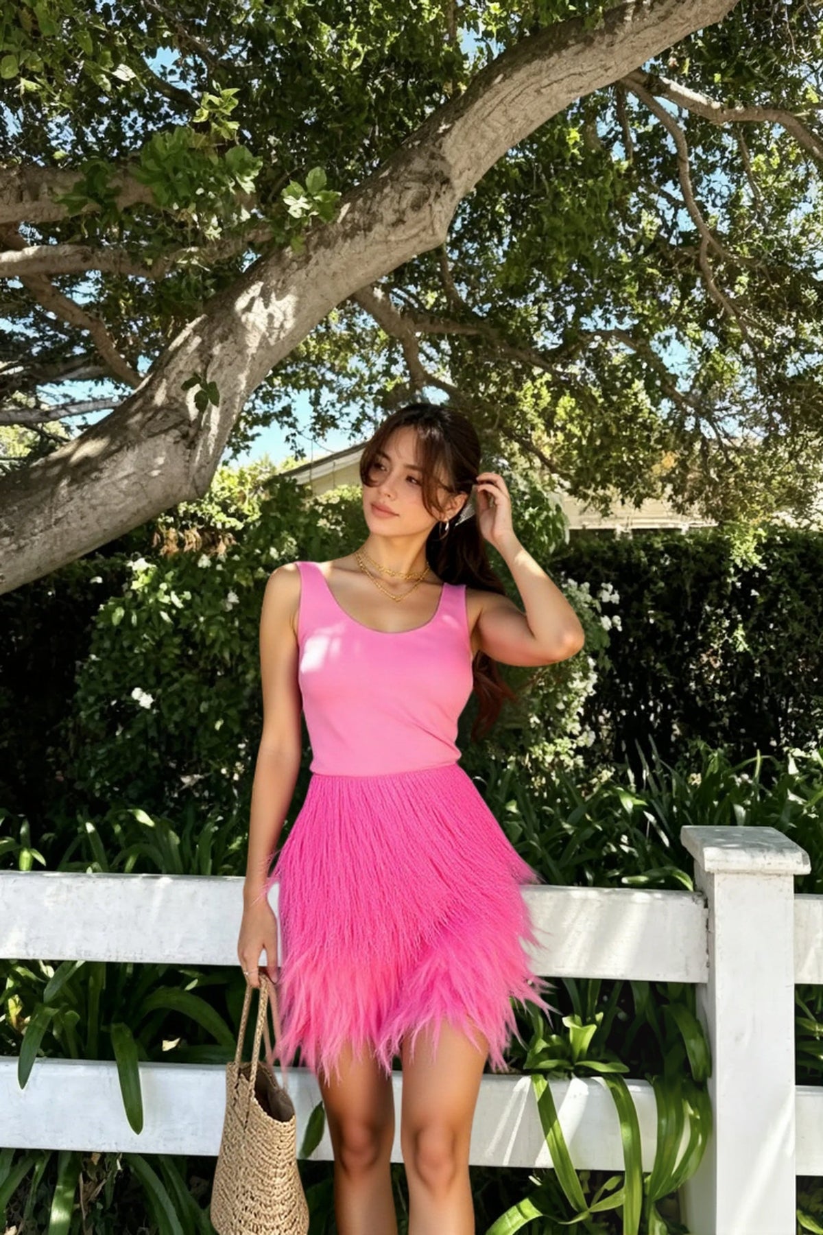 Scoop Neck Sequin Feather Trim Mini Skirt Set