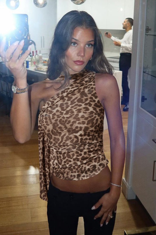 Leopard Asym Shoulder Sleeveless Halter Top