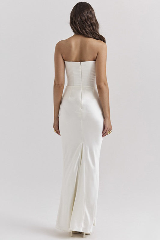 Strapless Corset Boned Ruched Satin Column Maxi Dress