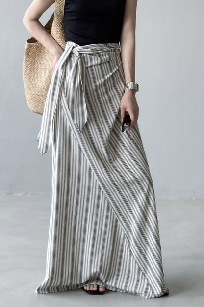 High Waist Striped Tie Waist A Line Maxi Skirt