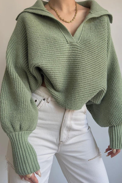 Lantern Sleeve Open Collar Knit Sweater