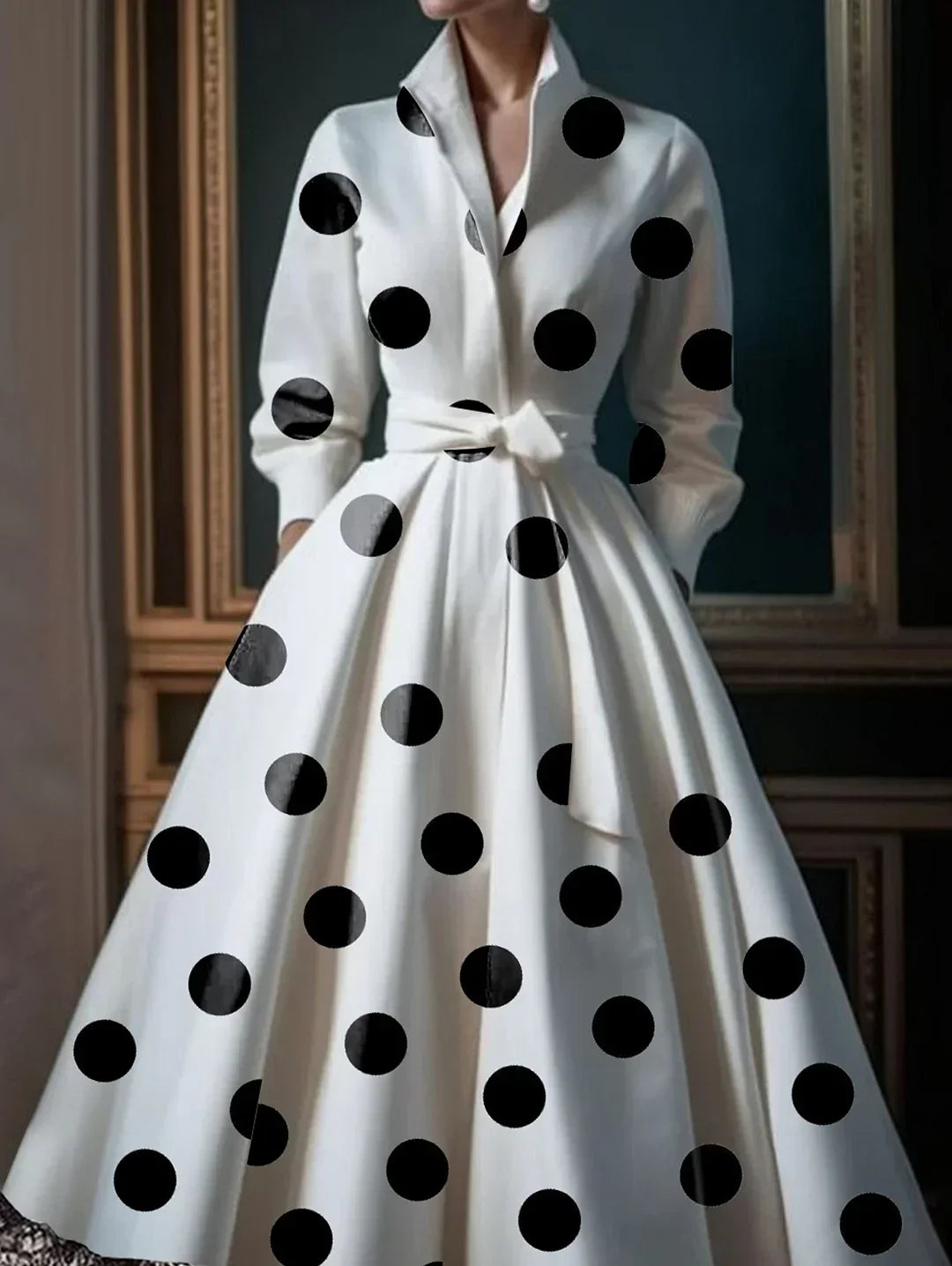 Pointed Collar Long Sleeve Polka Dot Lace Border Shirtwaist Midi Dress