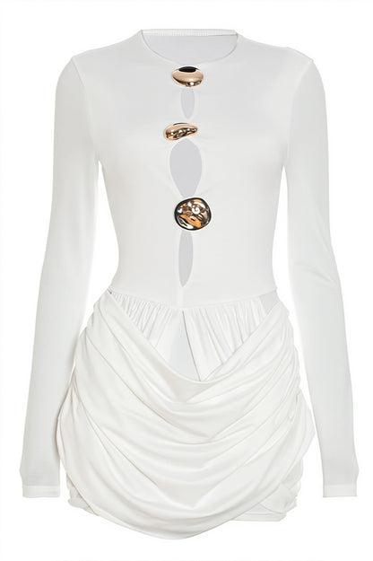 Almond Cutout Dome Hardware Draped Wrap Tulip Hem Long Sleeve Mini Dress