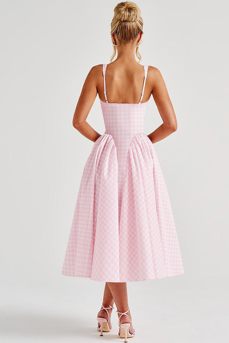 Gingham Square Neck Basque Waist Pleated Fit and Flare Midi Dress