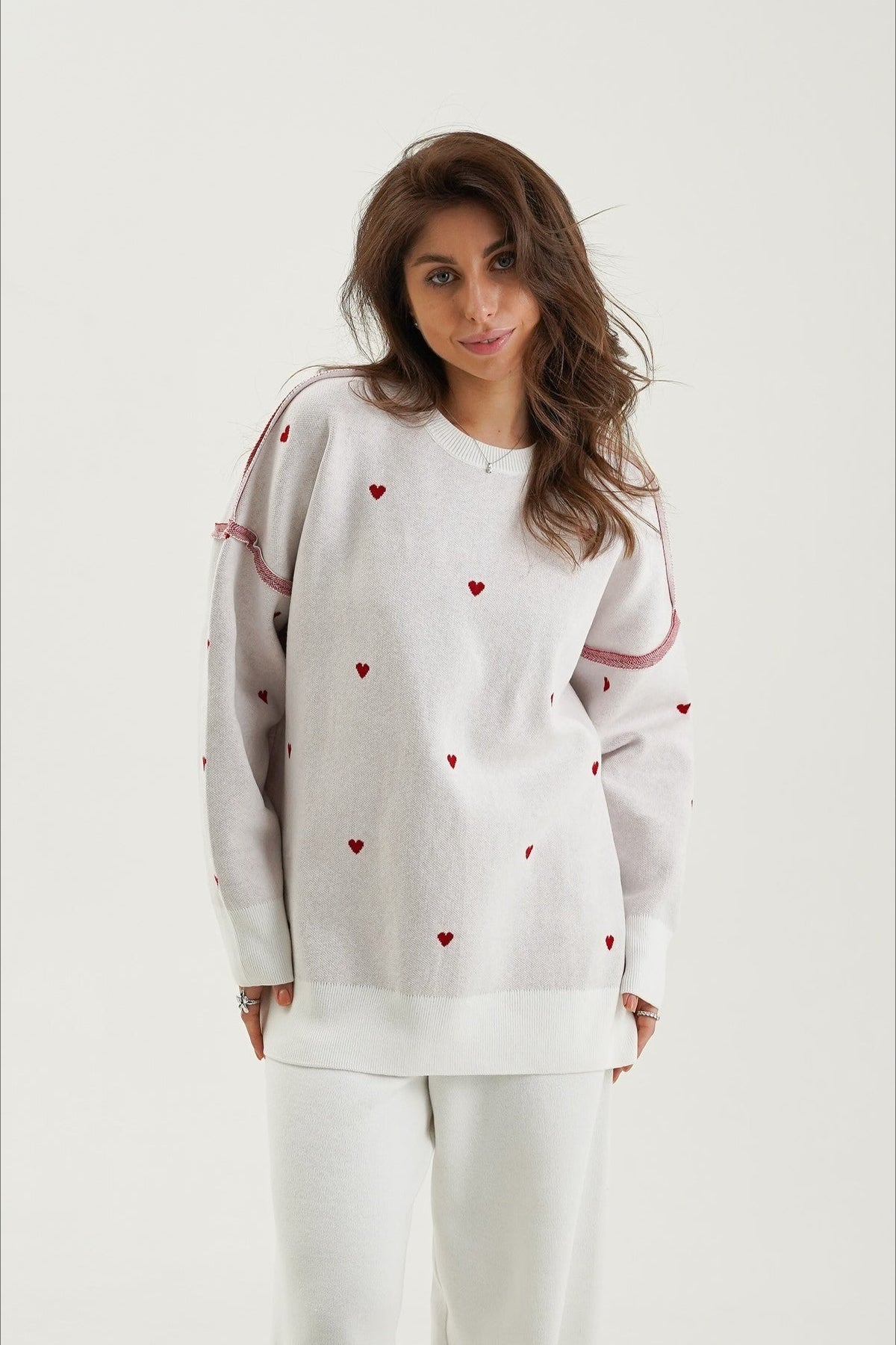 Oversized Heart Print Long Sleeve Knit Sweater