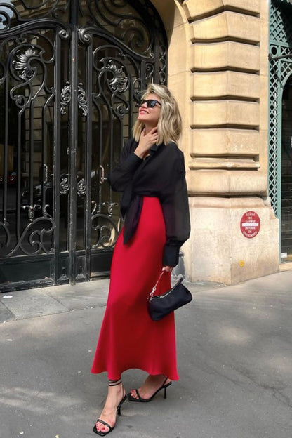 Red Satin Fishtail Maxi Skirt