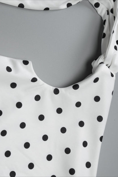 Boat Neck Polka Dot Asymmetric Shoulder Tie Detail Bodycon Mini Dress