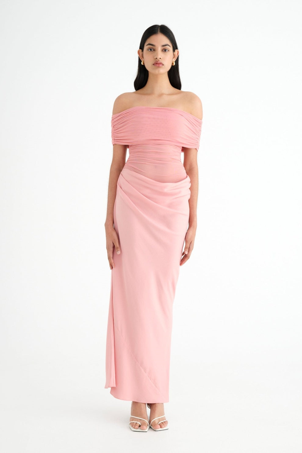 Off Shoulder Ruched Draped Mesh Panel Asymmetric Maxi Gown