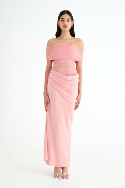 Off Shoulder Sheer Ruched Panel Draped Waist Maxi Gown