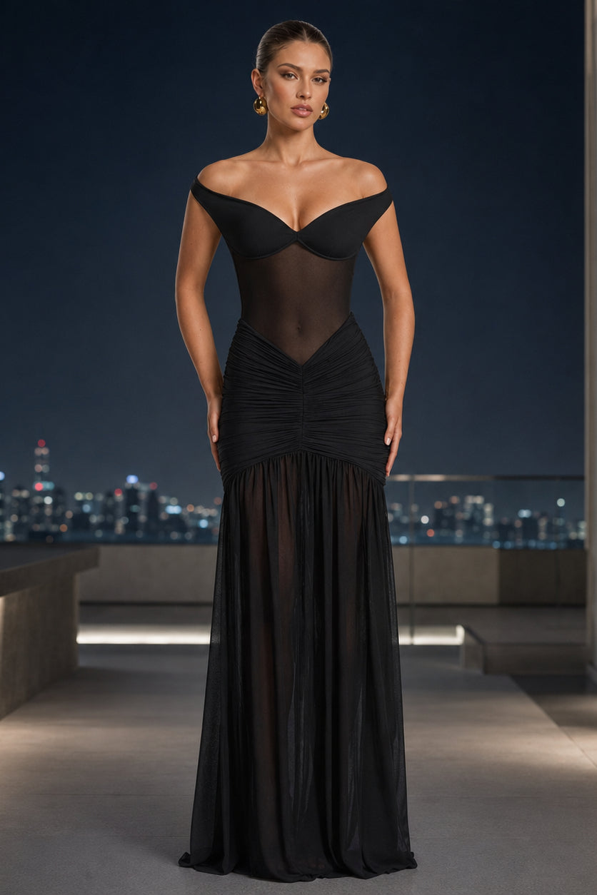 Off-Shoulder Sweetheart Mesh Bodice Ruched Hip Thigh Slit Gown