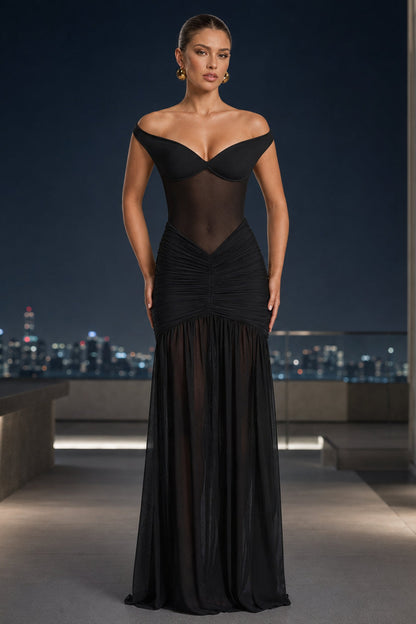 Off-Shoulder Sweetheart Mesh Bodice Ruched Hip Thigh Slit Gown