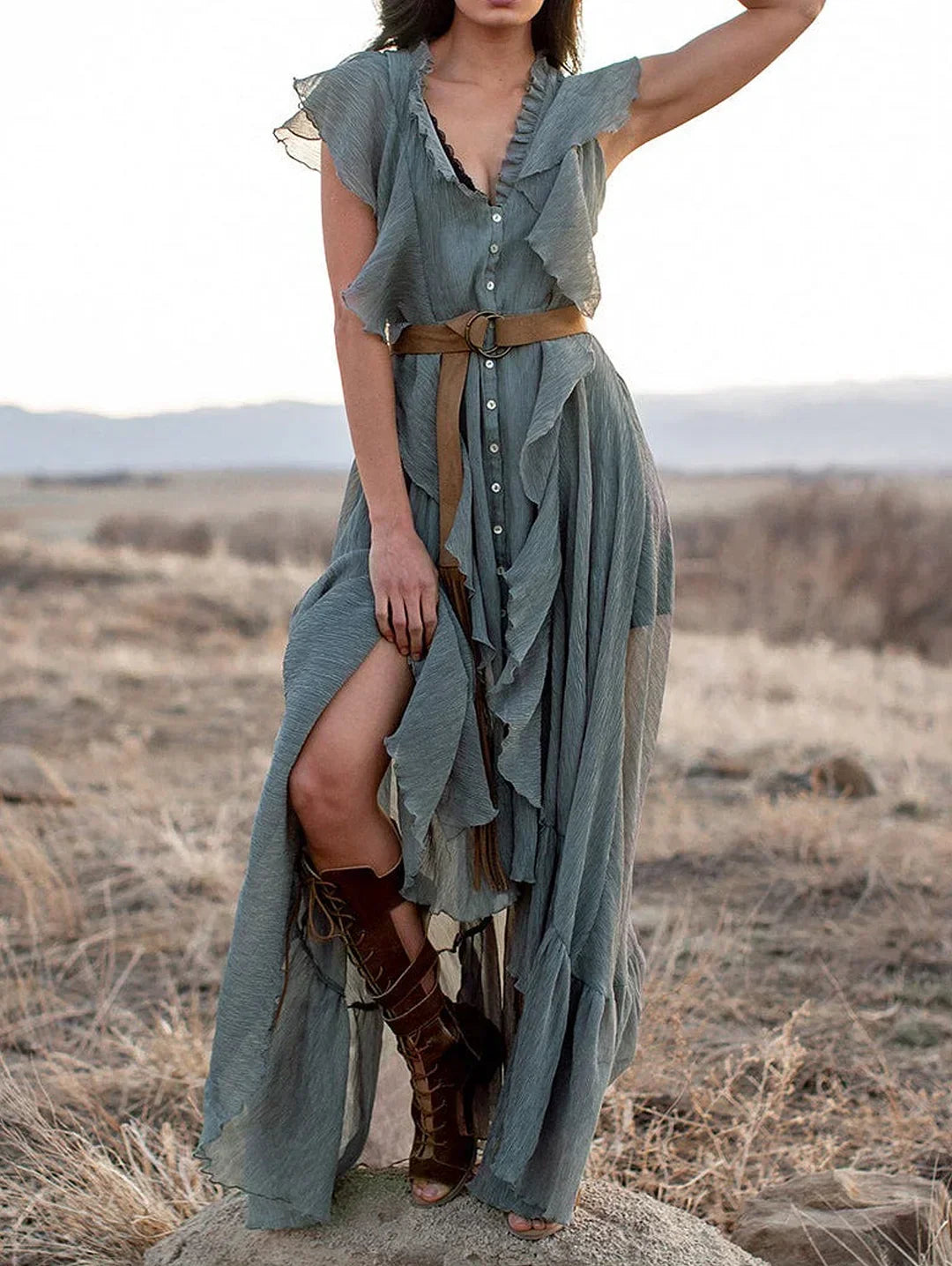 V Neck Ruffle Trim Button Front Fringe Belt Tiered Maxi Dress