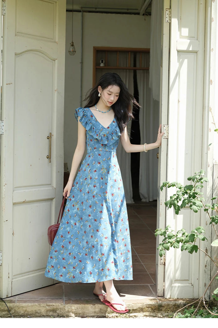 V-Neck Ruffled Midi Floral Dress
