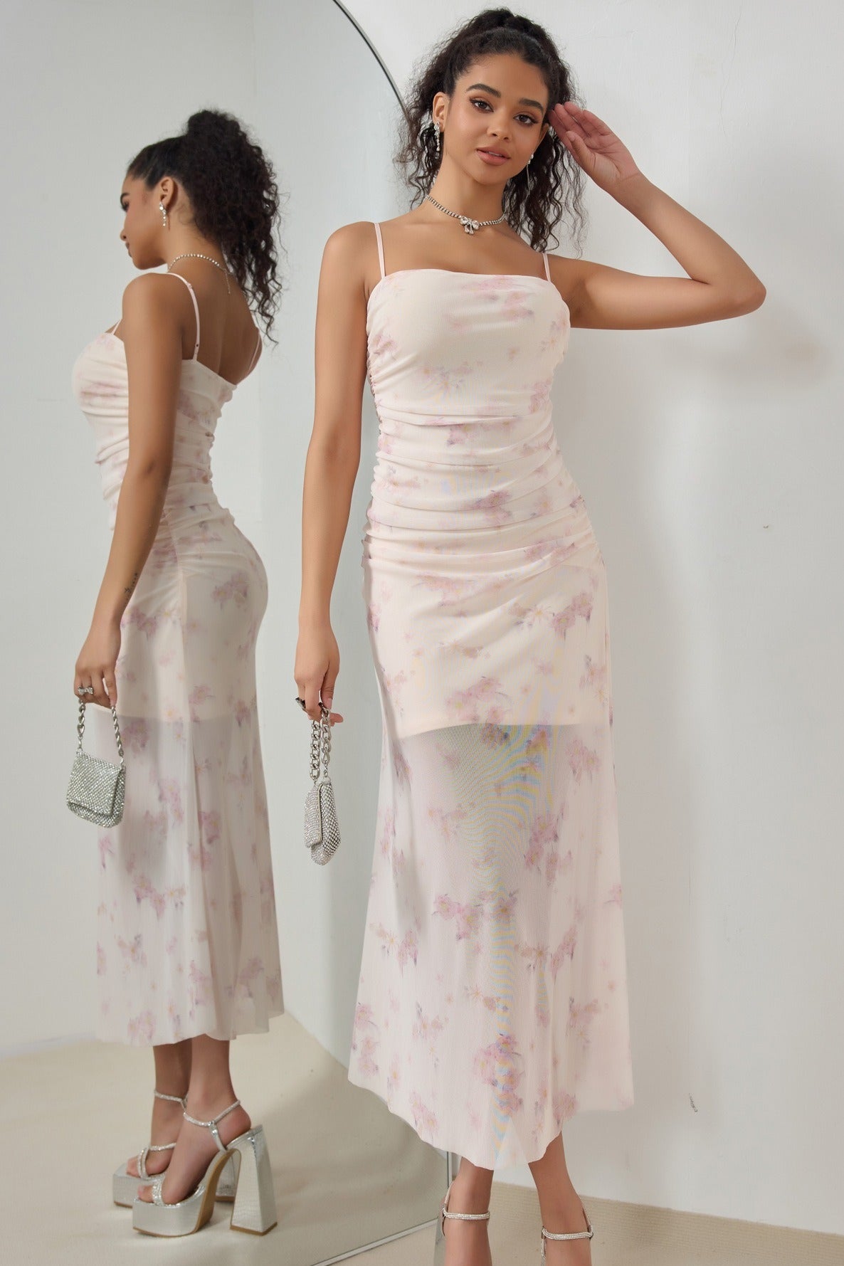 Spaghetti Strap Ruched Floral Print Mesh Overlay Bodycon Midi Dress