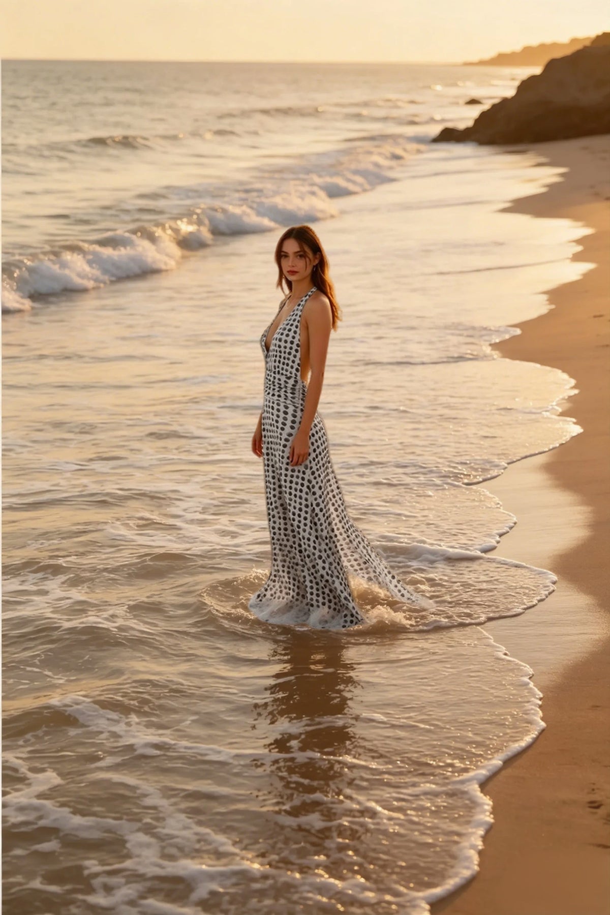 Polka Dot Halter Plunging V Ruched Empire Waist Maxi Dress