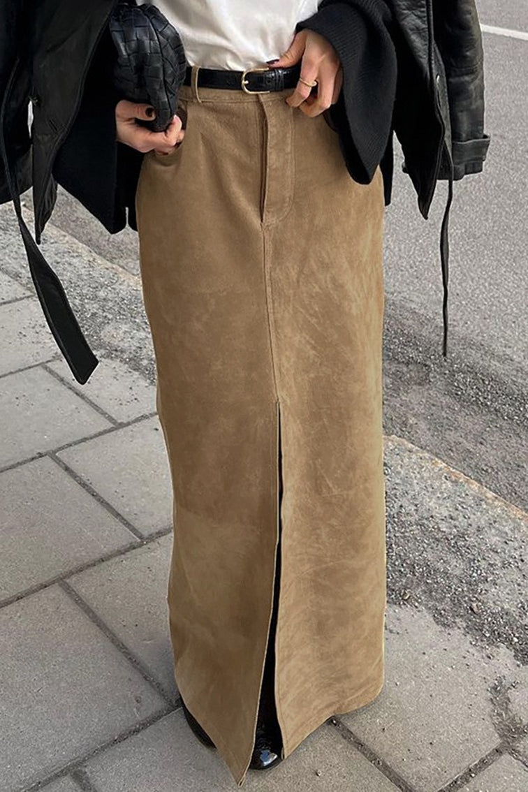 Vintage High-Waist Suede Maxi Skirt