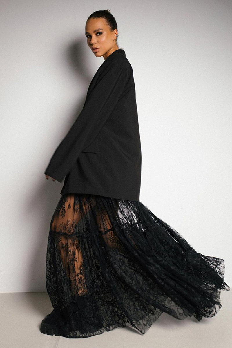 Black Lace Panel Boho Maxi Skirt