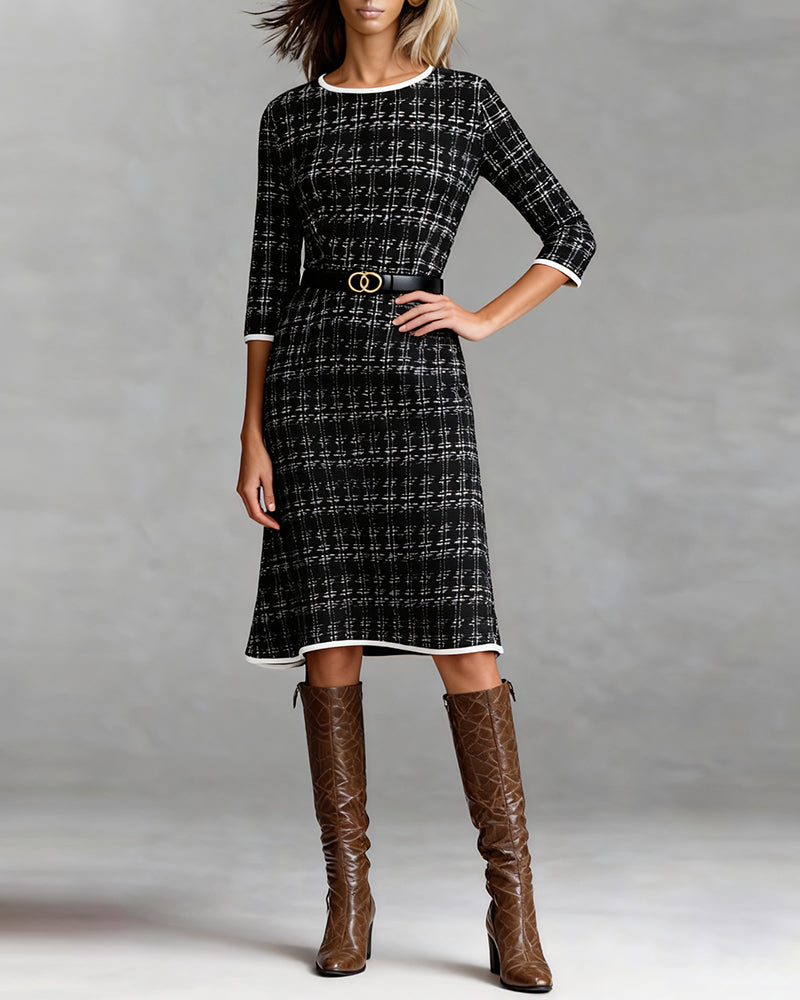 Round Neck Belted Grid Print A Line Midi Dress