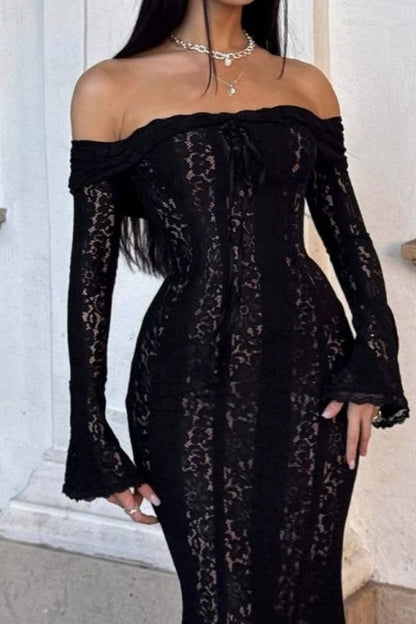 Lace Off Shoulder Bell Sleeve Mermaid Maxi Dress
