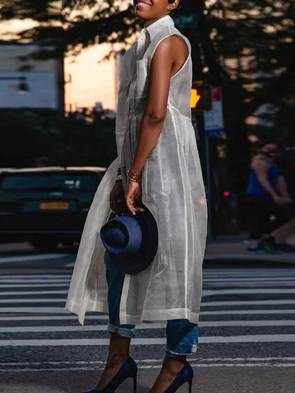 Collared Button Front Pocket Flap Sheer Pleated Tunic Dress