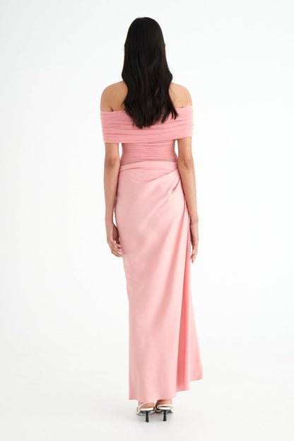 Off Shoulder Ruched Draped Mesh Panel Asymmetric Maxi Gown