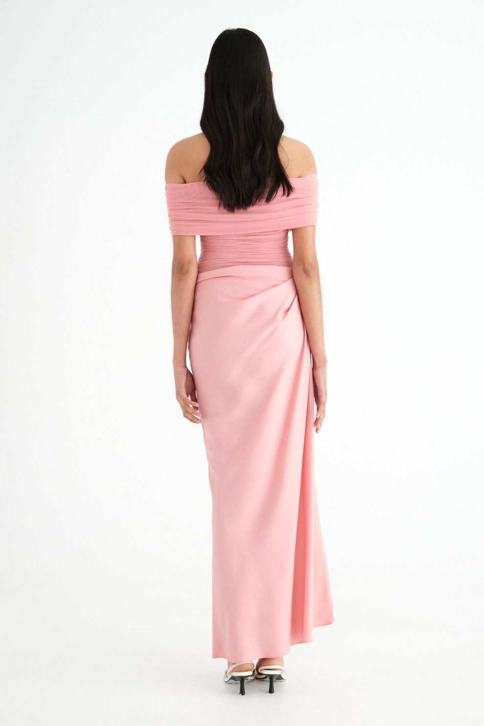 Off Shoulder Sheer Ruched Panel Draped Waist Maxi Gown