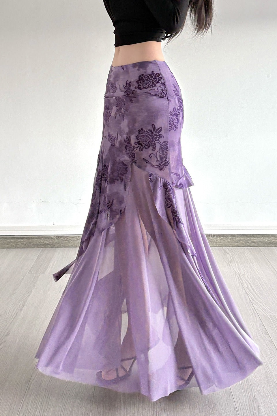 Vintage Floral Print Ruched Maxi Skirt