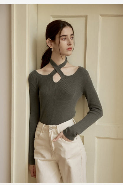 Halter Neck Openwork Wool Knit Top
