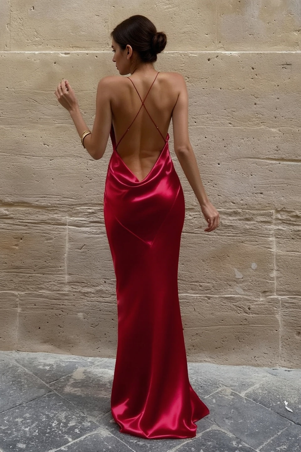 Cowl Neck Spaghetti Strap Diagonal Seam Mermaid Satin Floor Length Gown