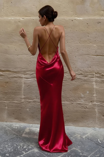 Cowl Neck Spaghetti Strap Diagonal Seam Mermaid Satin Floor Length Gown