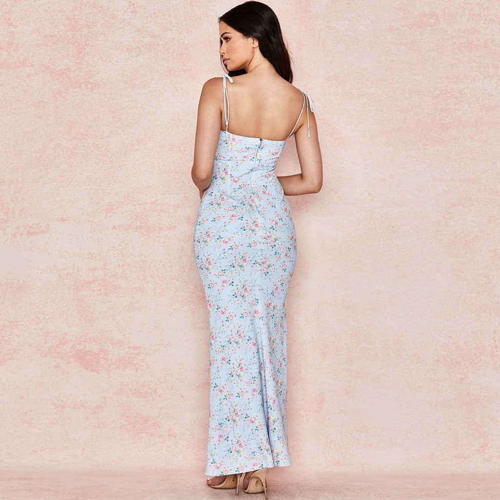 Ditsy Floral Print Tie Strap Keyhole Ruched Bust Bodycon Maxi Dress