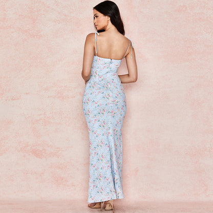 Ditsy Floral Print Tie Strap Keyhole Ruched Bust Bodycon Maxi Dress