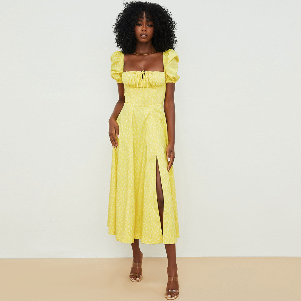 Garden Floral Milkmaid Puff Sleeve Square Neck Lace-Up Front Thigh Slit Midi Dress
