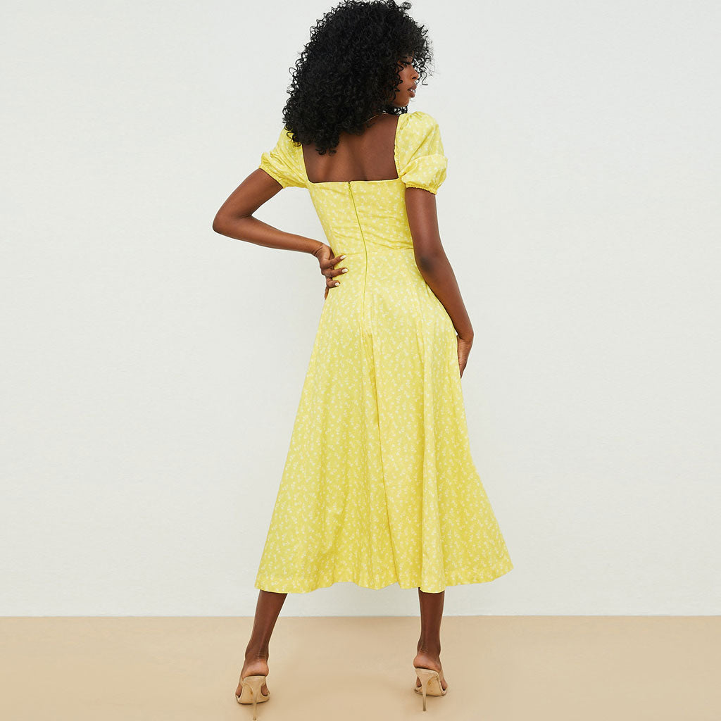 Garden Floral Milkmaid Puff Sleeve Square Neck Lace-Up Front Thigh Slit Midi Dress