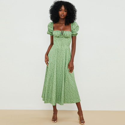 Daisy Print Milkmaid Puff Sleeve Square Neck Lace-Up Front Thigh Slit Midi Dress