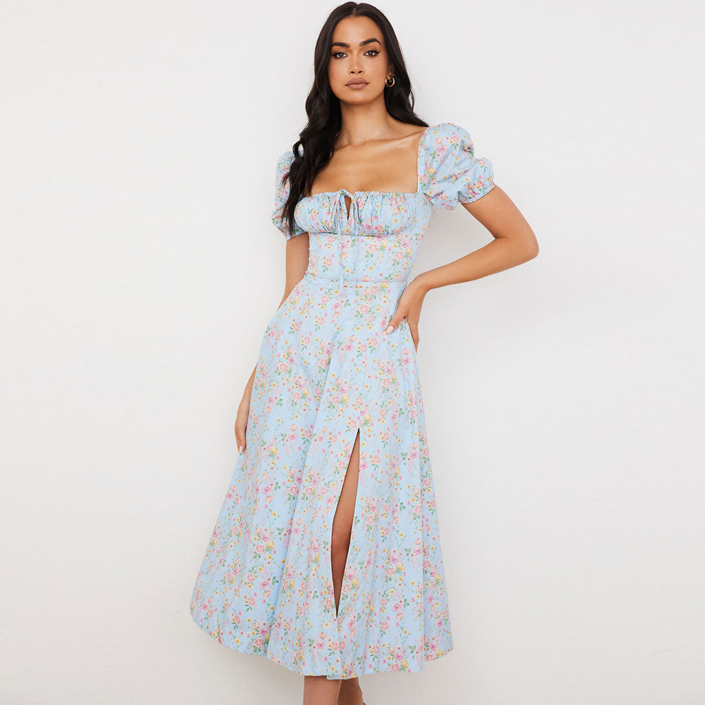 Botanical Print Milkmaid Puff Sleeve Square Neck Lace-Up Front Thigh Slit Midi Dress