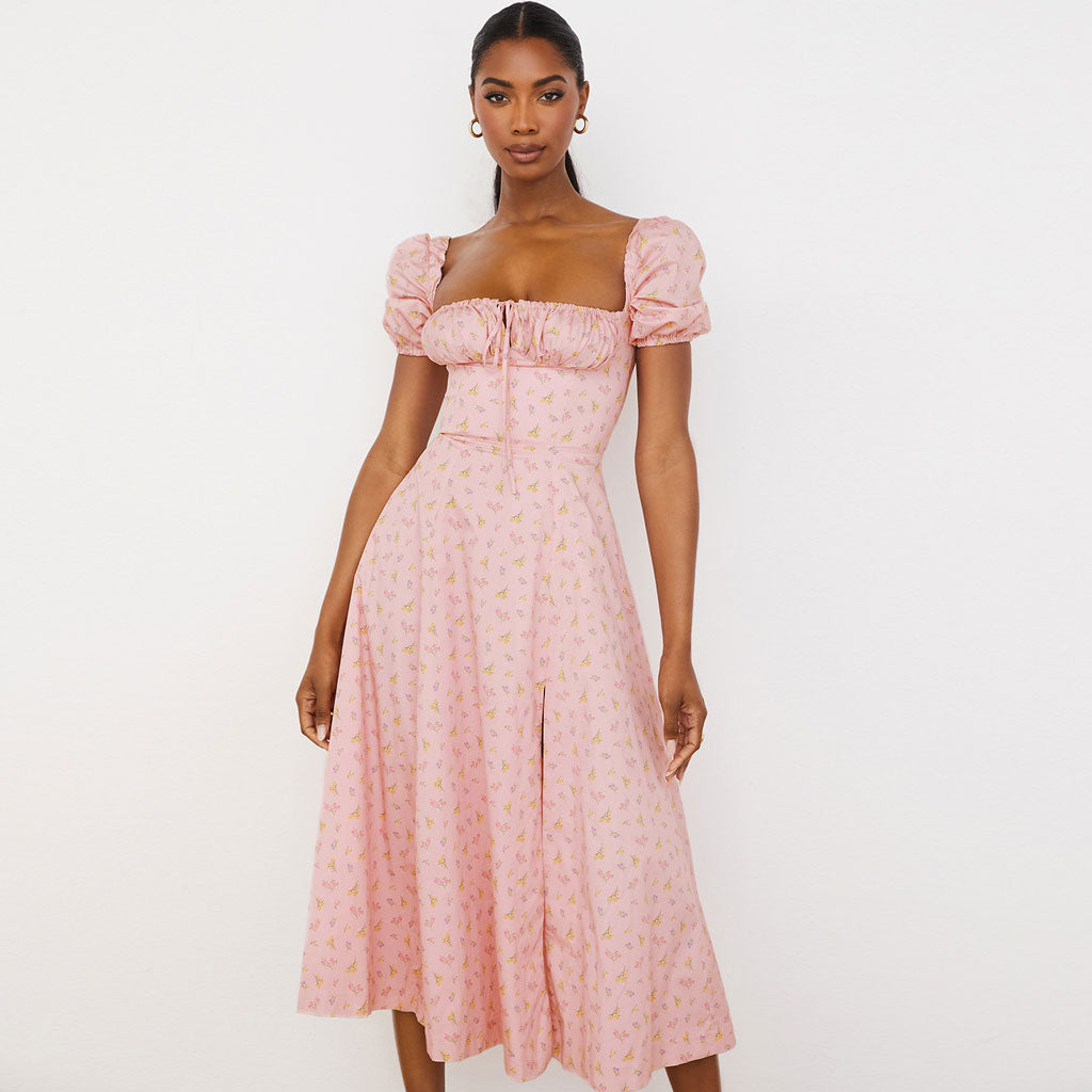 Daisy Print Smocked Waist Puff Sleeve Square Neck High Slit Midi Dress