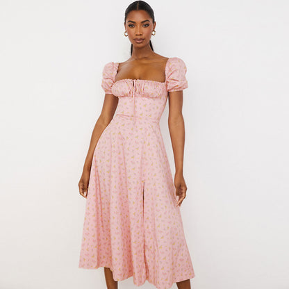 Daisy Print Smocked Waist Puff Sleeve Square Neck High Slit Midi Dress