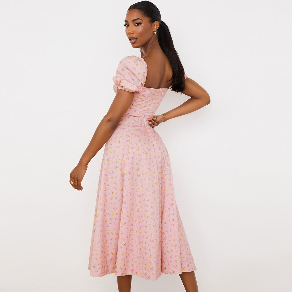 Daisy Print Smocked Waist Puff Sleeve Square Neck High Slit Midi Dress